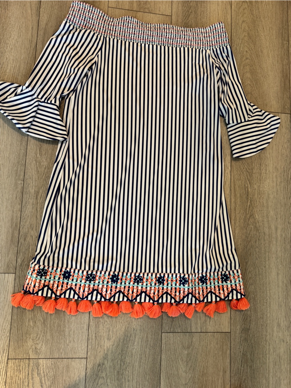 Cabana Life Navy and White Striped Off-Shoulder Dress with Coral Accents